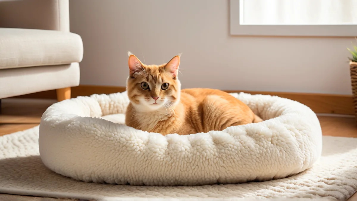 居家场景中的羊羔绒猫窝商品图，绒面材质清晰一只猫卧在窝里