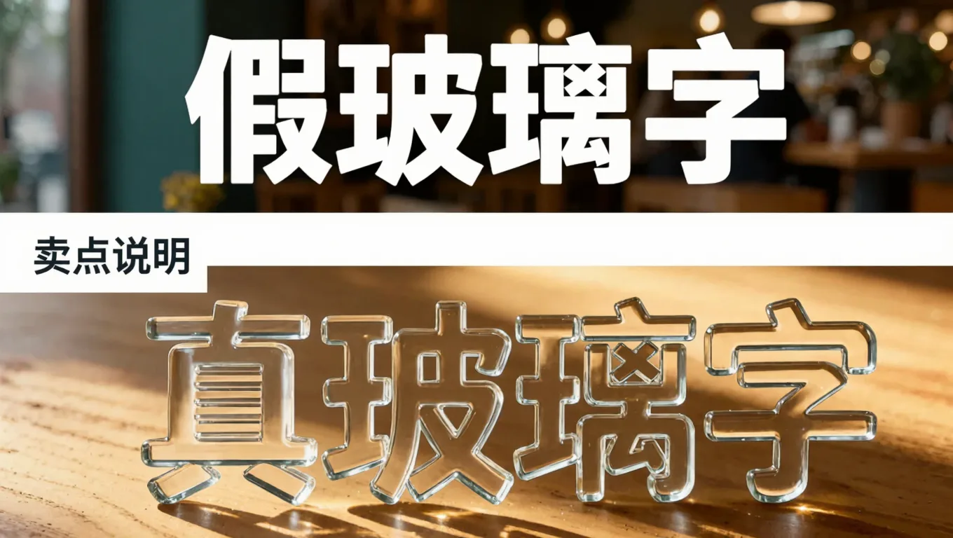 假玻璃字与真折射玻璃字的对比