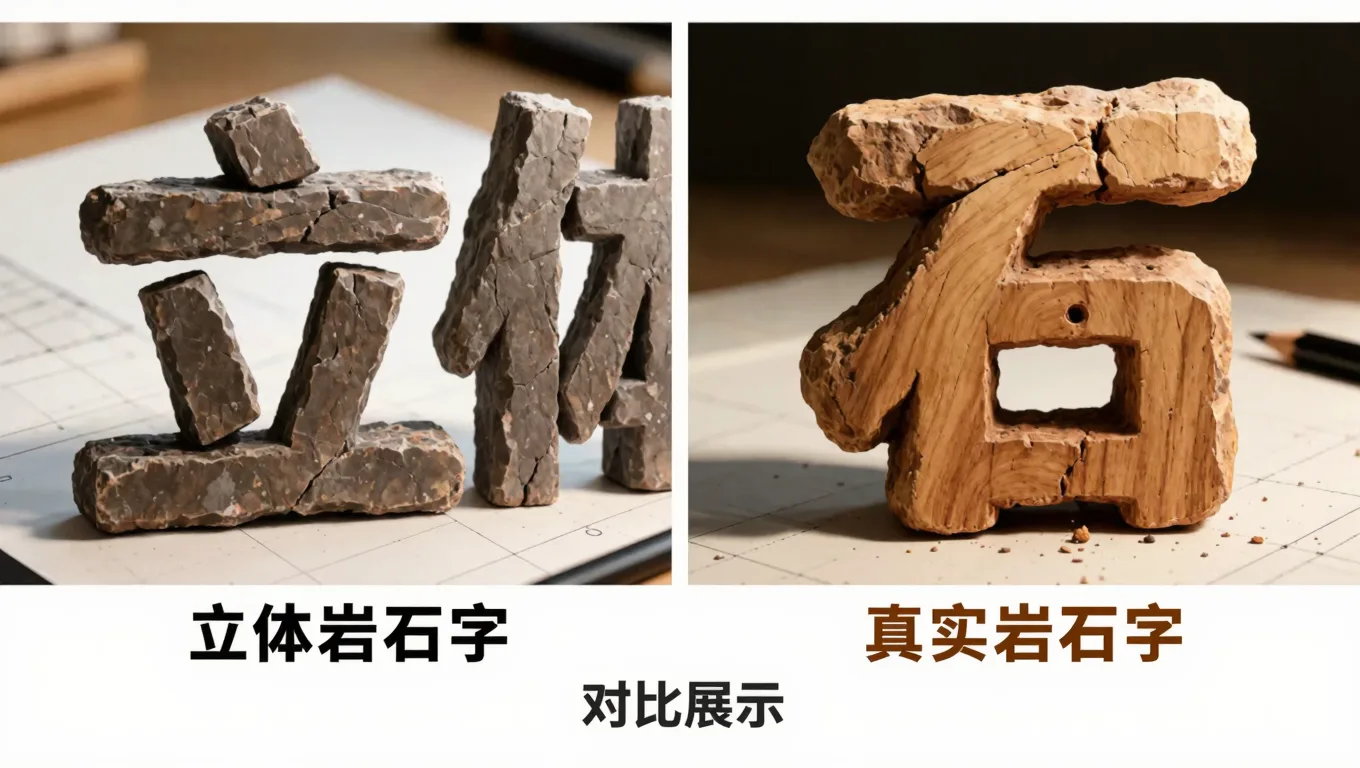 平面贴图岩石字与真实3D岩石字的对比