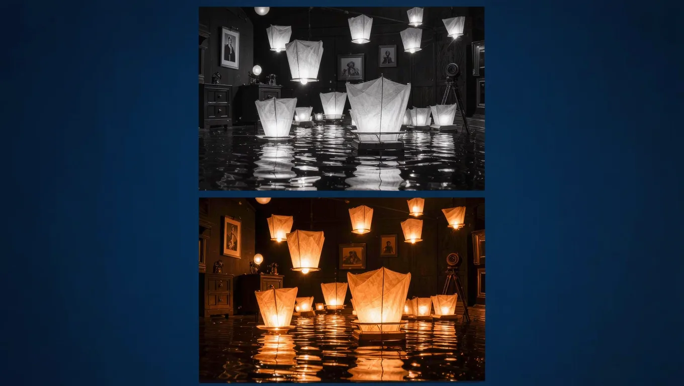 中元节老照片修复:河灯夜景上色复原
