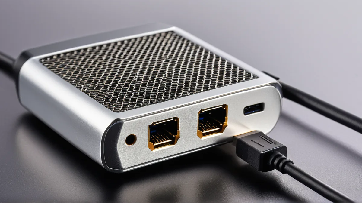 Type-C 扩展坞的接口和散热网纹细节放大图，HDMI 口边缘锐利网纹清晰不糊