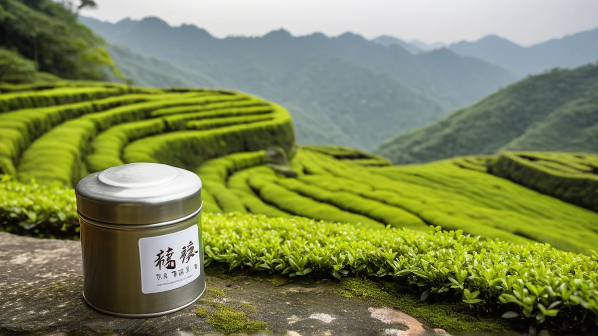 岩茶罐放入茶园产地场景合成示意
