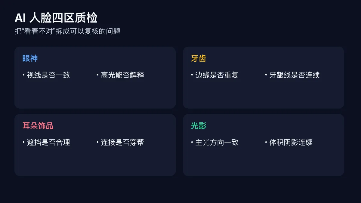 AI 人像眼神、牙齿、耳朵与饰品、光影四区质量检查图