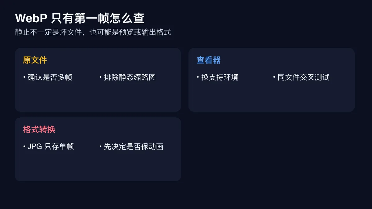 动态 WebP 原文件、查看器预览和静态格式转换三类第一帧问题图