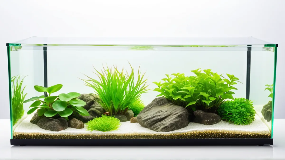 超白鱼缸产品图修图前后玻璃反光与水草造景对比