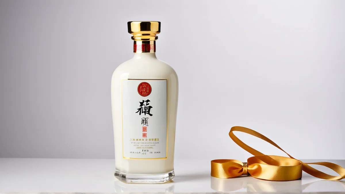 白酒瓶修图前后对比：左侧乳白陶瓷釉面死白烫金酒标发暗瓶盖反光乱、右侧釉面温润烫金标字清晰瓶盖金属分明