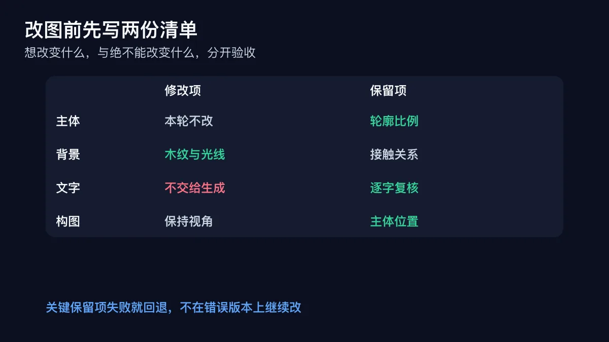 香蕉模型改图时修改项与保留项的对照矩阵