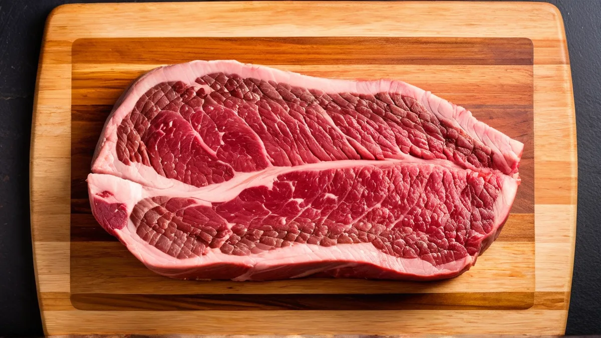 牛羊肉生鲜产品修图效果：大理石纹清晰、肉色真实、保鲜膜反光和血水清理干净