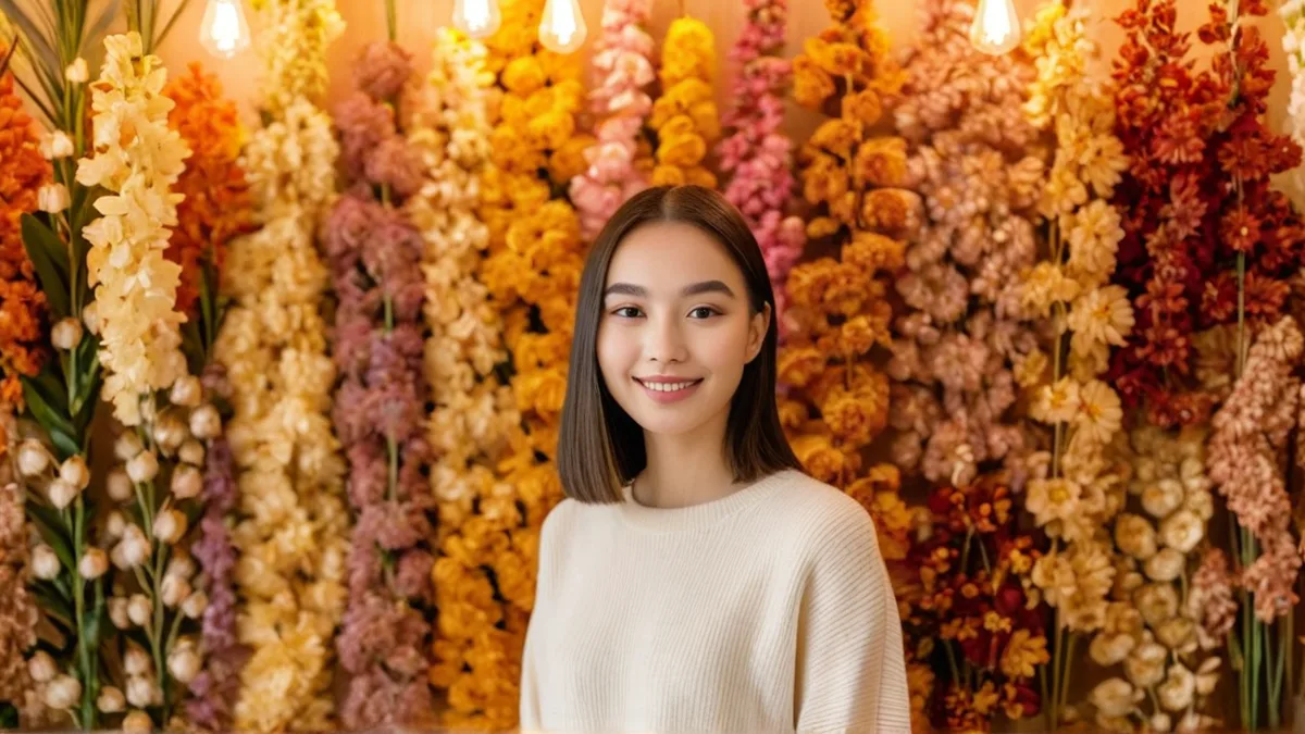 花店人像修图前后对比，右边人脸的光和暖色花墙协调没有割裂感