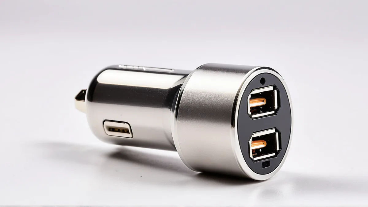 车载充电器点烟器产品图金属插头与亮面外壳材质修复前后对比