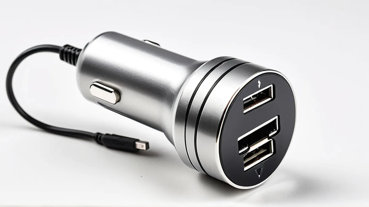 车载快充充电器白底主图，金属杆身反光顺滑、双 USB 接口清晰、氛围灯干净