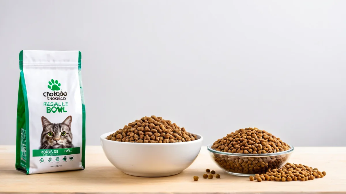 猫粮产品修图效果：颗粒清晰、白底干净、包装袋反光收敛