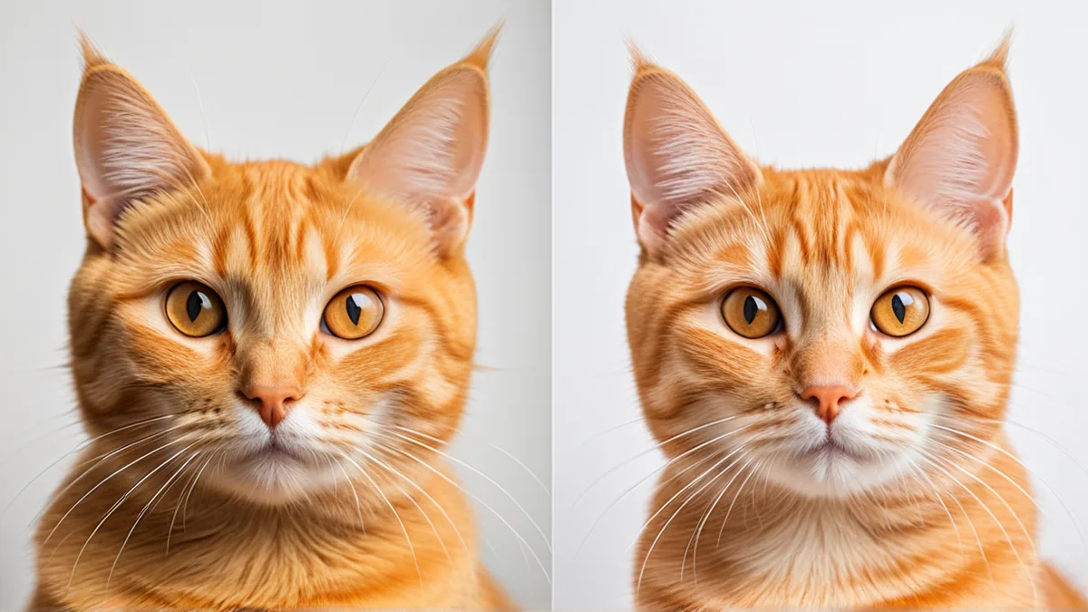 猫咪照片修图前后毛发纹理对比，左侧毛发发糊右侧根根分明