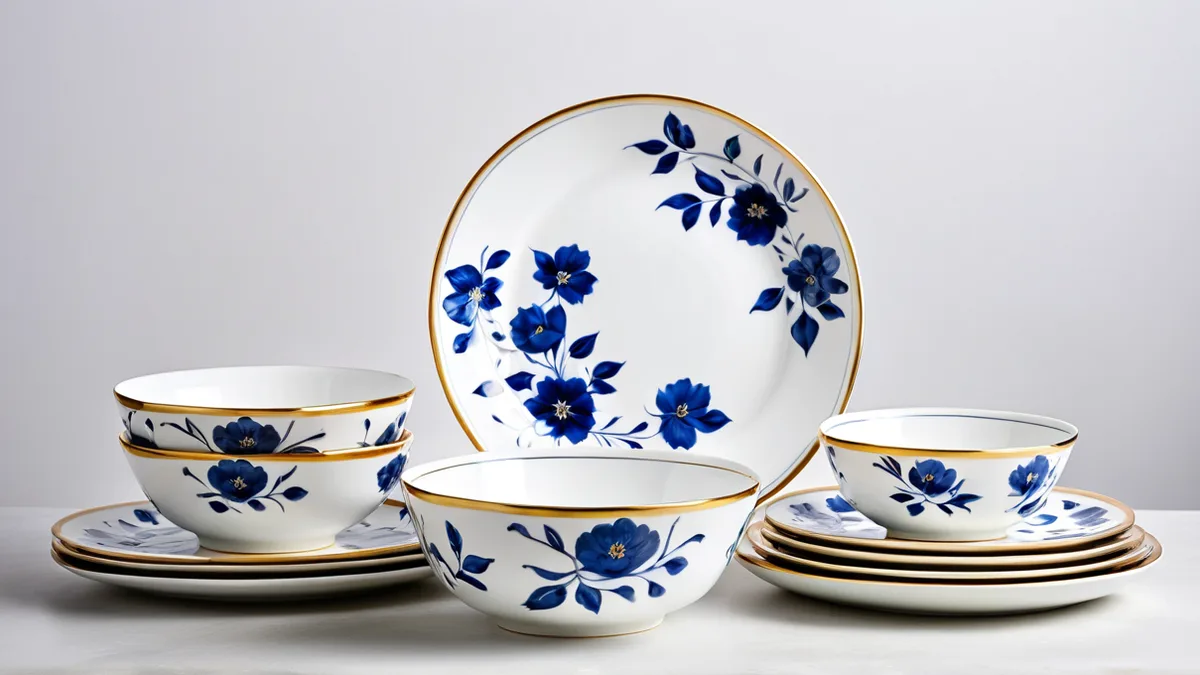 碗盘陶瓷餐具产品图修图：白瓷提干净、描金边和青花花纹保留、釉面那片死白反光收成自然光泽