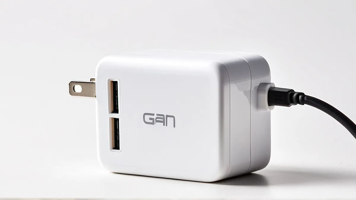白底 65W 氮化镓充电头修图前后对比，划痕脏口被清、插脚保留