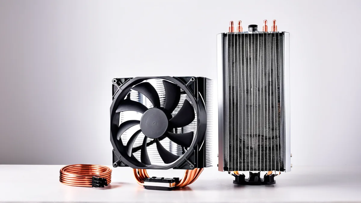 CPU 风冷和一体水冷产品图修图：铜底反光、鳍片结构、冷头灯效示意