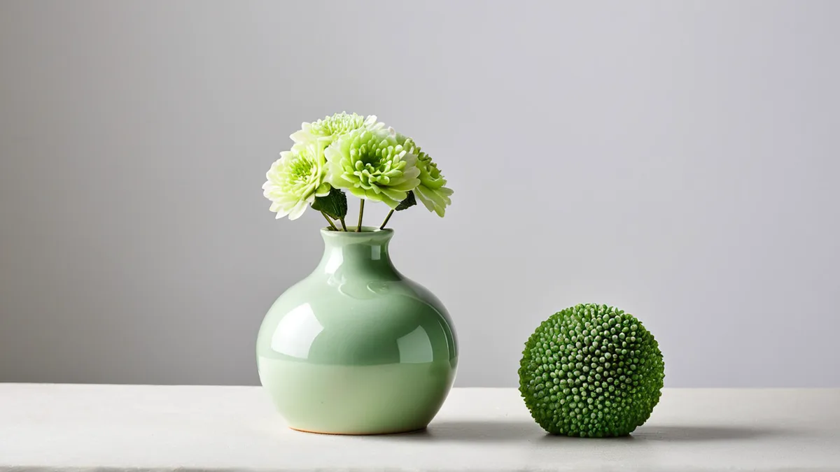陶瓷花器和金属花插修图前后对比，釉面光泽和金属针尖更清晰