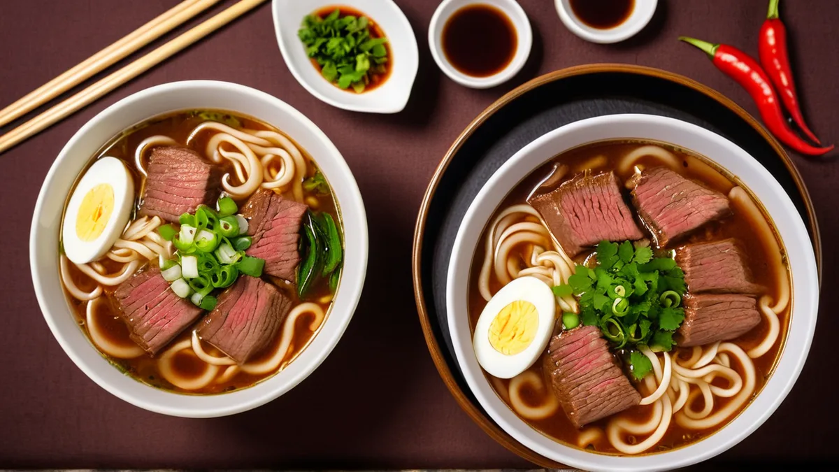 牛肉面菜品照修图前后对比，右边汤色和牛肉更诱人但分量与实物一致