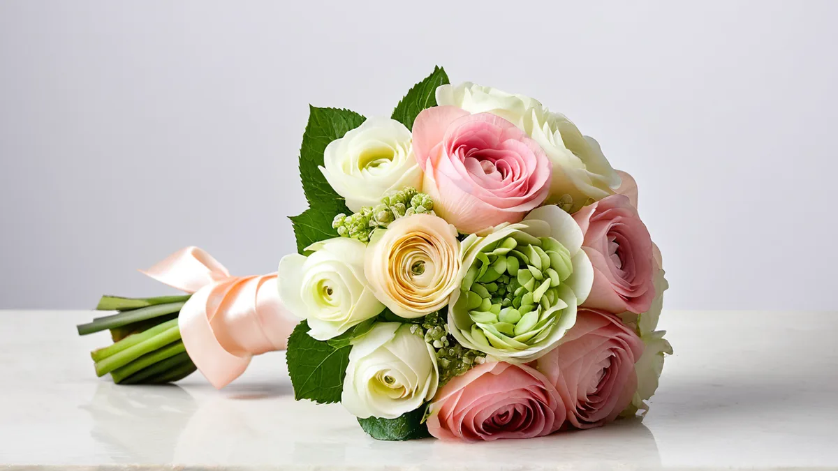 鲜花花束修图前后对比：左侧花瓣发灰边上有蔫花枯边、右侧花瓣水润层次清晰残枝清干净