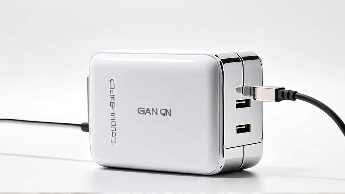 氮化镓GaN充电器白底主图，亮面外壳高光压匀、USB-C 接口清晰、功率丝印可读