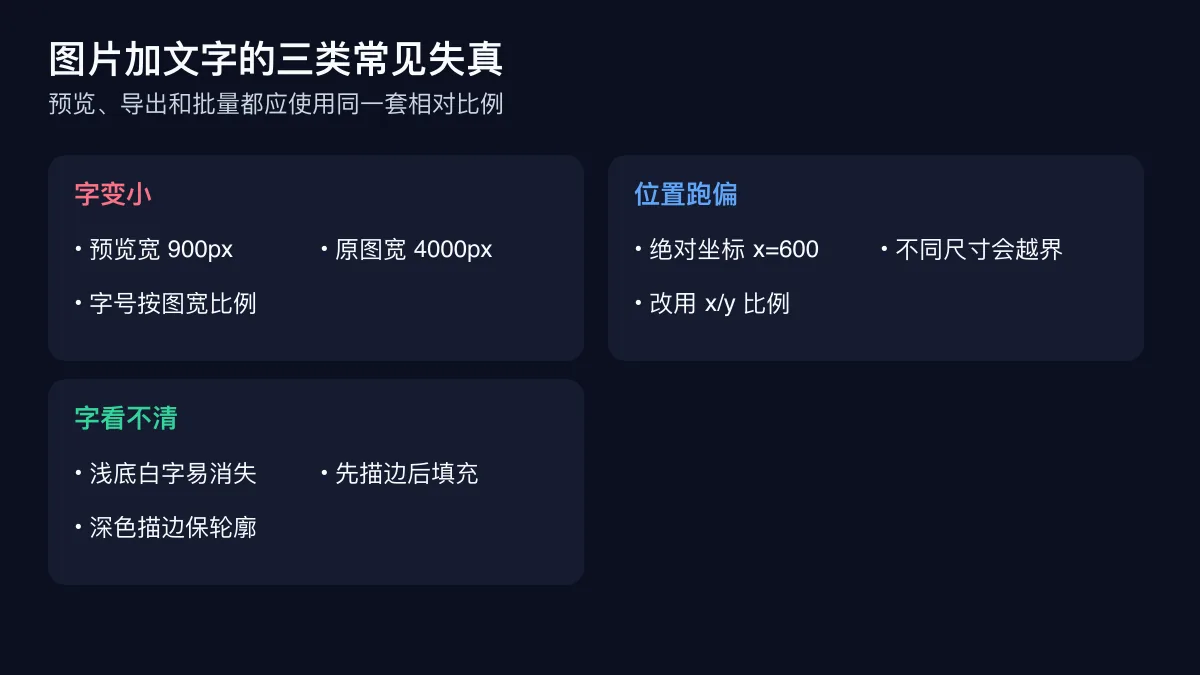 图片加文字时字变小、位置跑偏和文字不清三类失真对照
