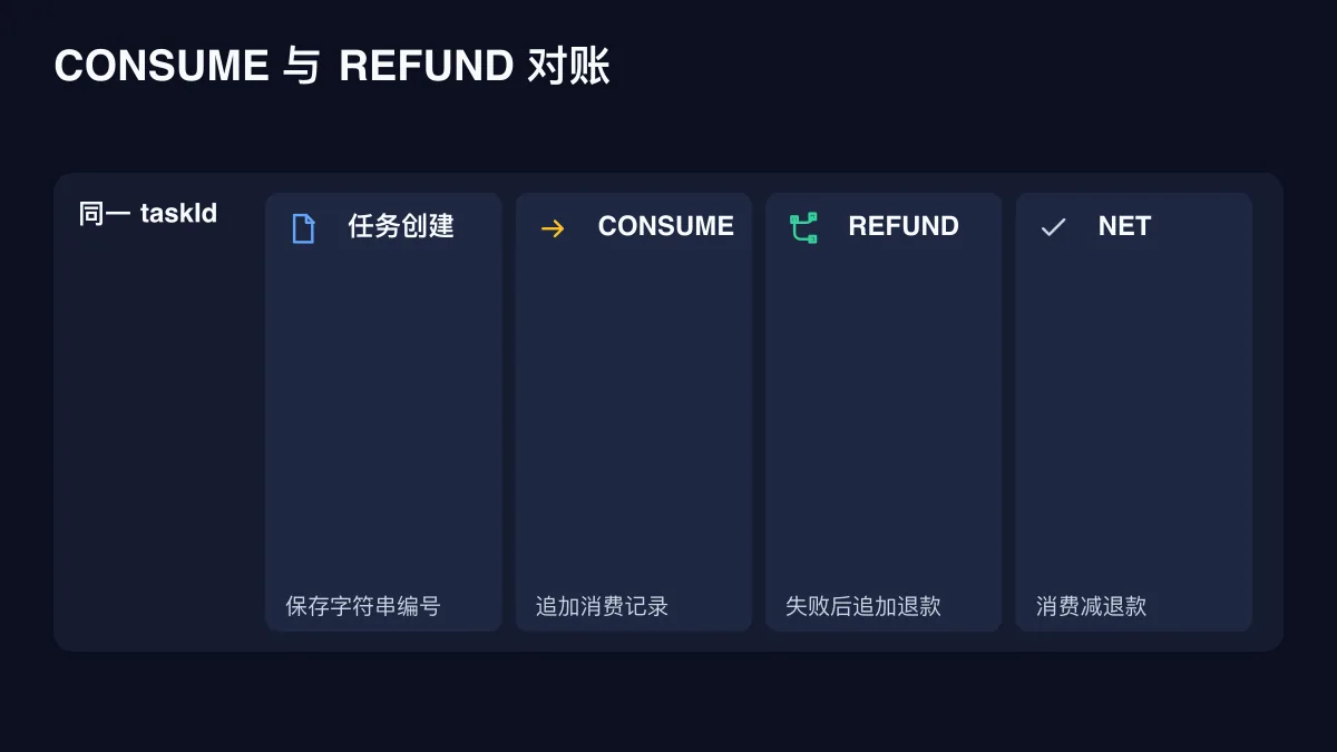 CONSUME 与 REFUND 对账的确定性技术图
