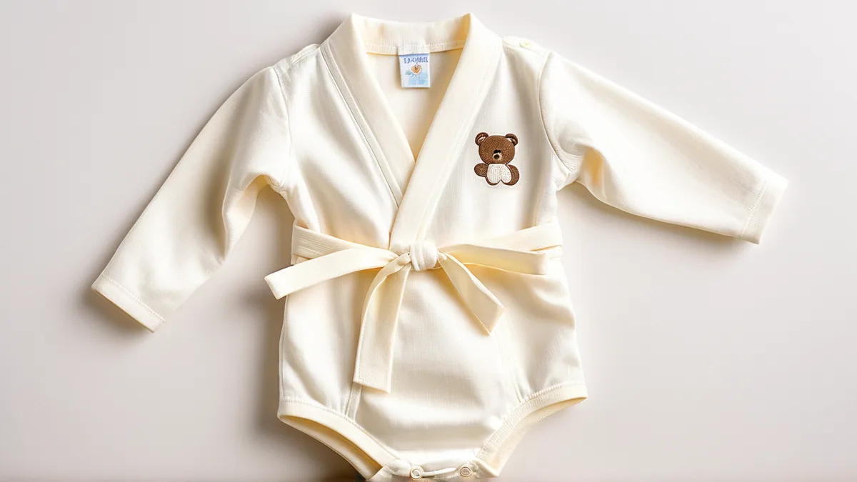 婴幼儿服饰修图对比：左侧棉料发灰、绣花糊、系带留杂边，右侧本白干净、棉纹清晰、绣花利落的产品图