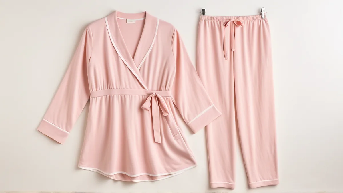 一套浅粉纯棉女士哺乳月子服平铺展示，棉面柔软平整、哺乳开口设计清晰得体