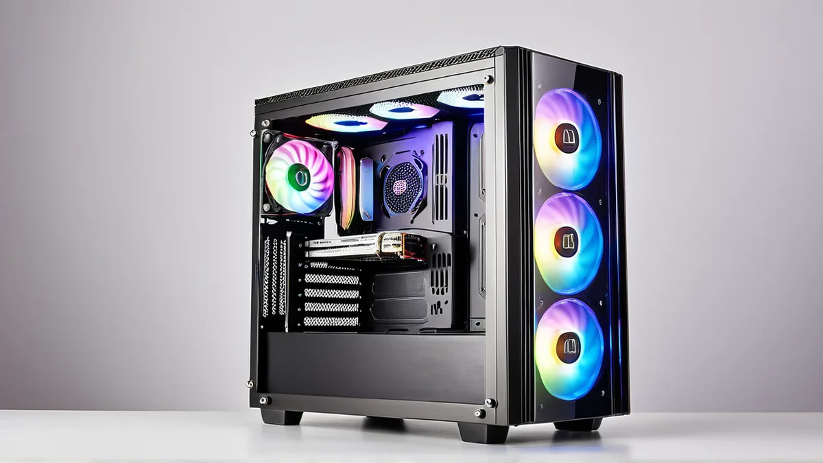 玻璃侧透机箱和 RGB 风扇产品图修图：去反光、灯效示意自然