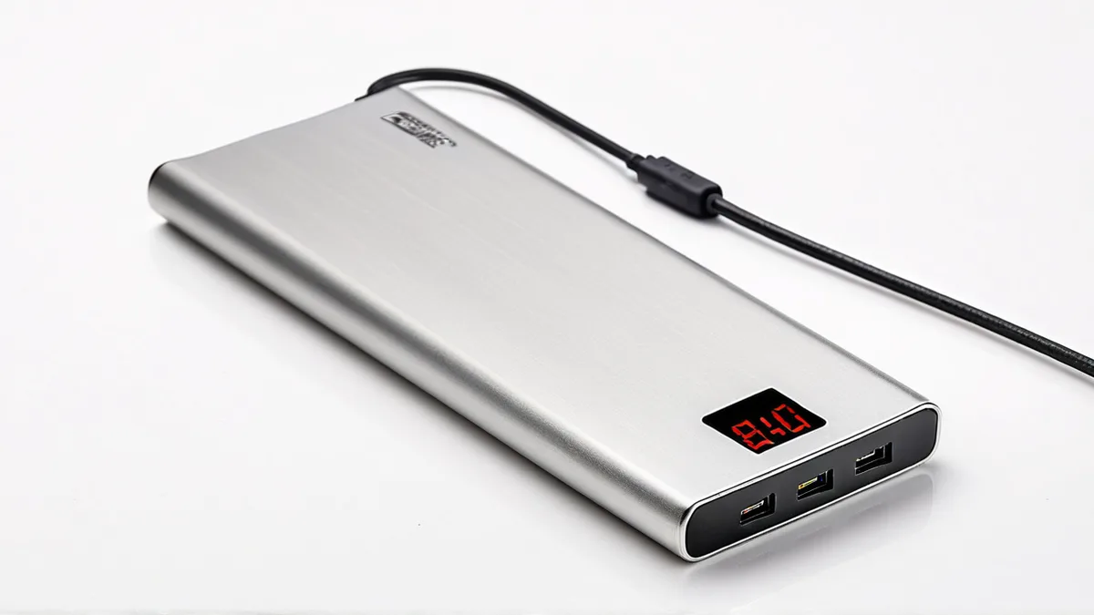 10000mAh 充电宝白底图，机身指纹与数显屏反光被清理，端口保留