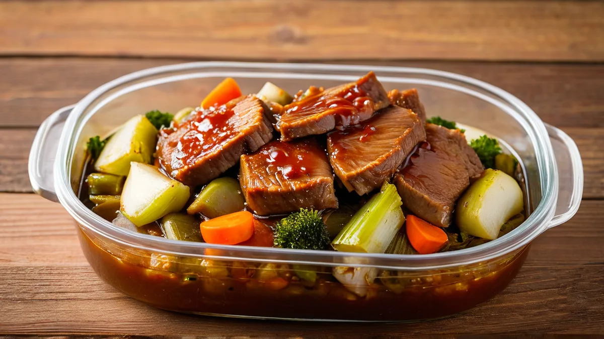 预制菜产品修图效果：食材层次清晰、餐盒反光清理、酱汁光泽真实、菜品干净
