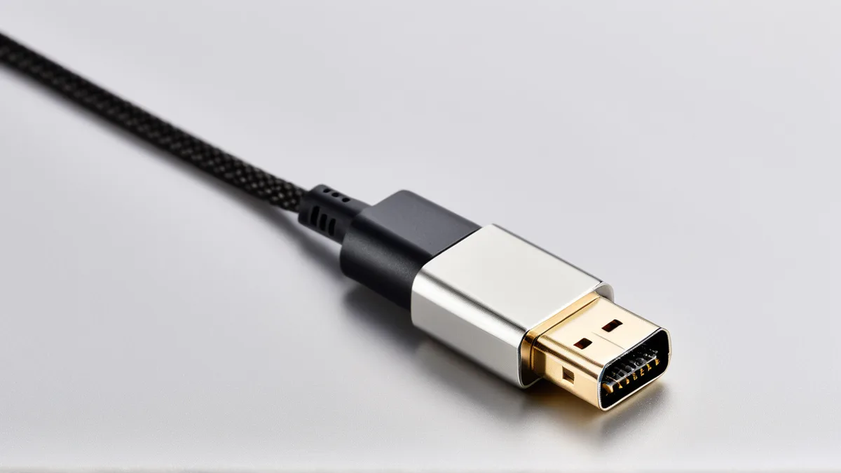 一根 Type-C 编织数据线和金属接头的小件产品图，编织纹清晰接头反光干净背景纯色