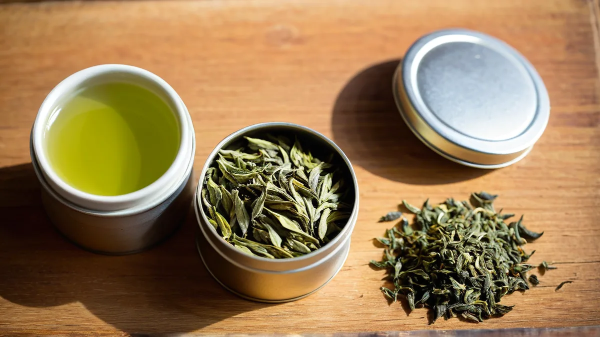 明前龙井散茶与马口铁茶罐的干茶白毫和条形质感特写