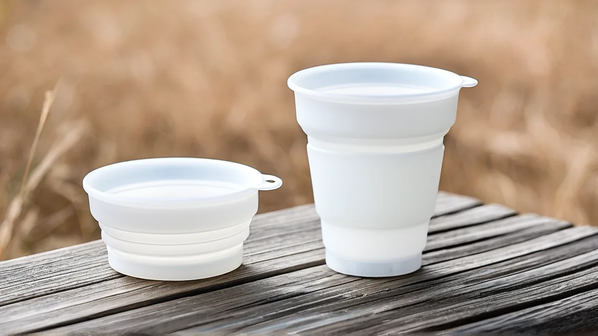 折叠硅胶水杯产品图前后对比，左为发灰发闷折环显脏、右为材质高清修复后通透干净的白底主图与户外场景图