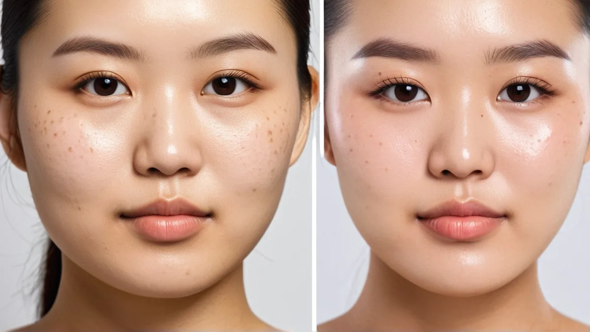人像精修前后对比：左侧脸颊油光反光、下巴痘印扎眼、脸和脖子不同色，右侧皮肤干净匀净、毛孔与五官立体感保留、脸脖同色的自然效果
