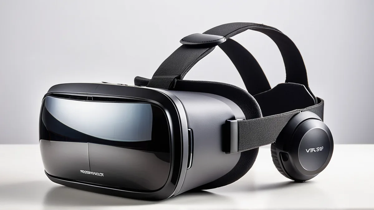 一台 VR 头显修图前后对比，镜片反光减轻落灰清除类肤面料质感清晰绑带理顺