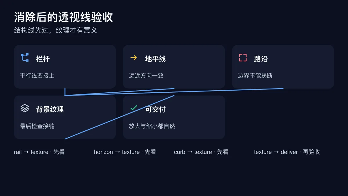 AI 消除路人后检查栏杆地平线和路沿连续性的透视线标注图